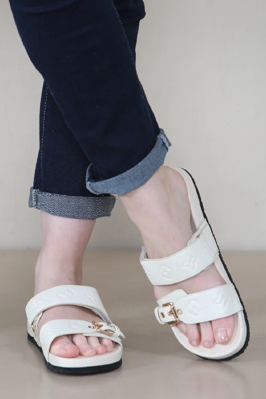 CREAM DOUBLE STRAP DESIGNER FOOTBED SLIDERS