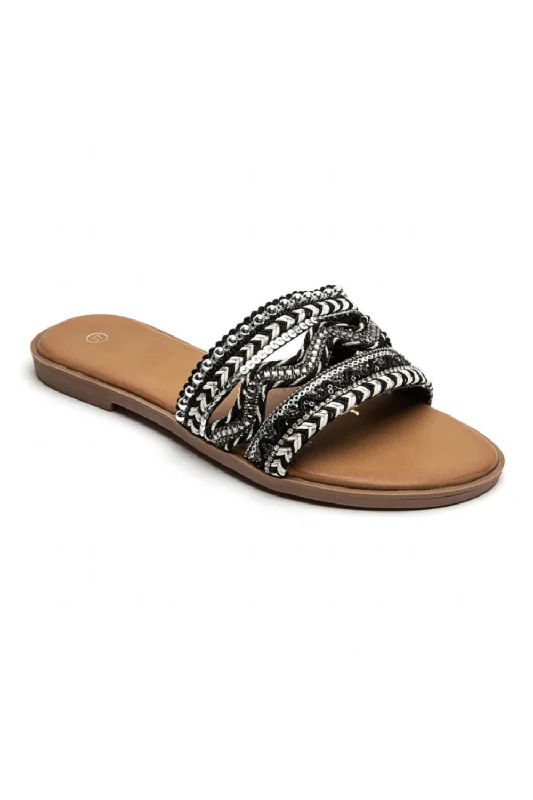 BLACK PATTERN DESIGN FLAT SLIP ON SANDALS