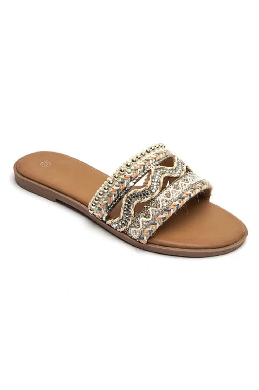 BEIGE PATTERN DESIGN FLAT SLIP ON SANDALS