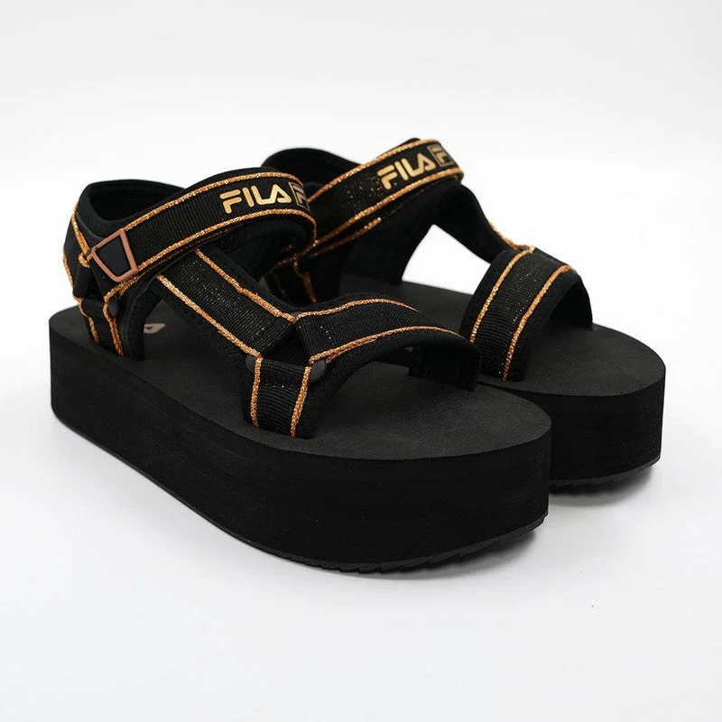 FILA Luna Metallic Platform Sandals - Black/Gold